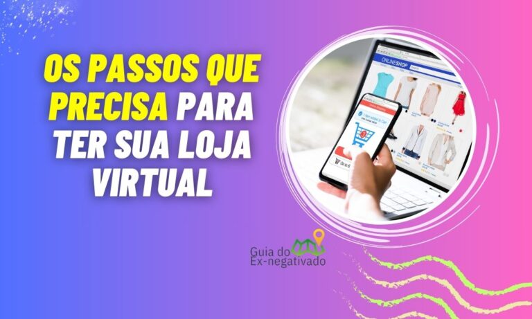 Como abrir uma loja virtual em 4 passos simples (sem enrolação) 1 Na imagem há um texto onde diz: Os passos que precisa para ter sua loja virtual. E ao lado uma imagem de um computador e uma mão segurando um celular.